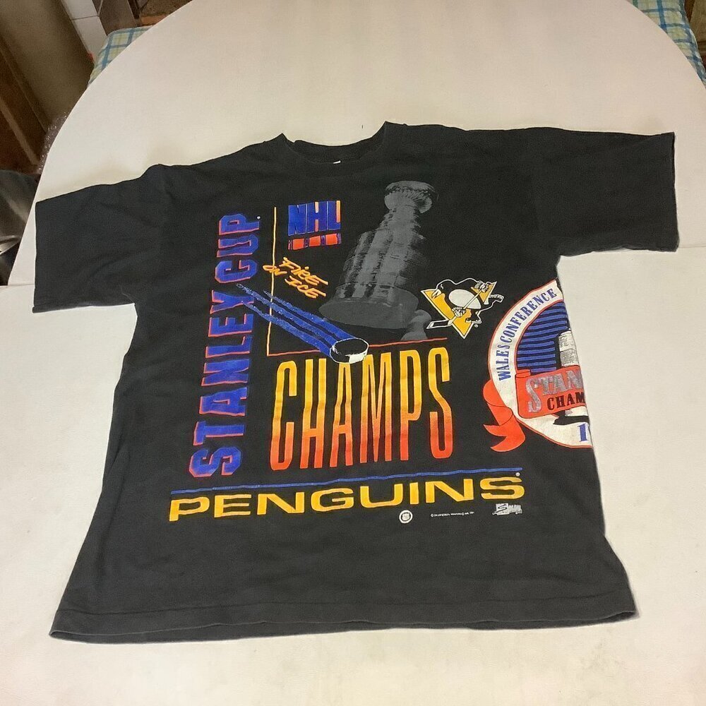 Vtg 1991 Pittsburgh Penguins Stanley Cup Fire on Ice Single Stitch T-Shirt XL